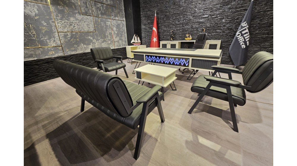 Tilia Benay modern yönetici ofis paketi; LED ışıklı suntalam masa takımı, KNY makam koltuğu ve Lazer bekleme grubu dahil.